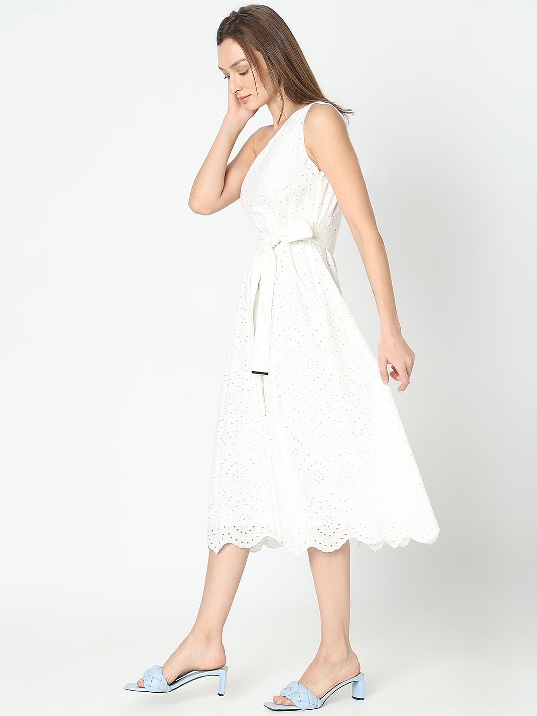 White Schiffli One-Shoulder Dress
