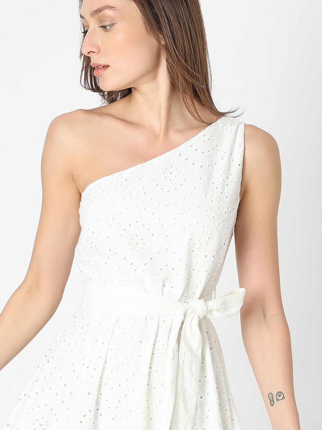 White Schiffli One-Shoulder Dress