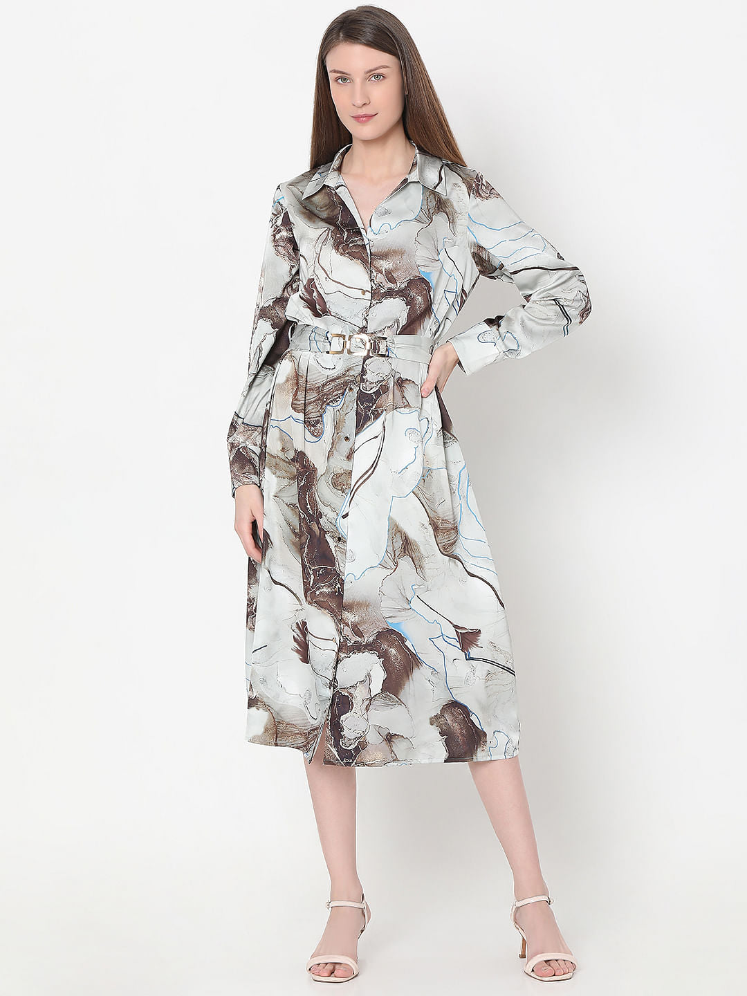 Grey Printed Midi Shirt Dress