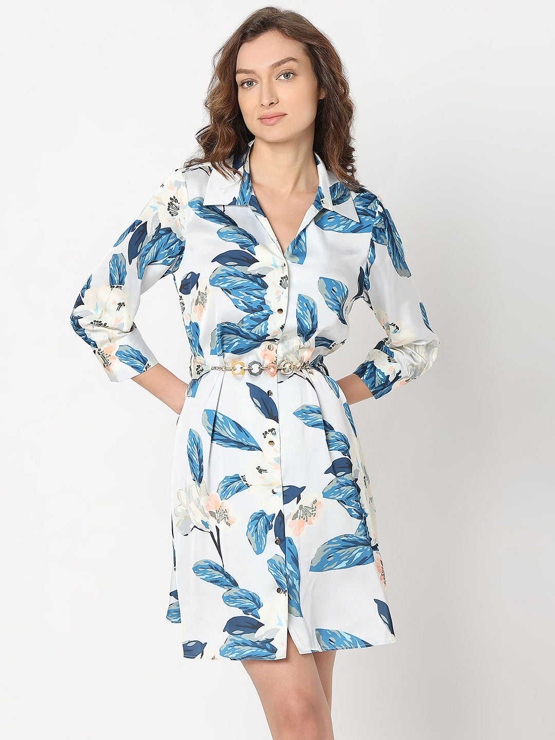 Blue Leafy Print Shirt Dress