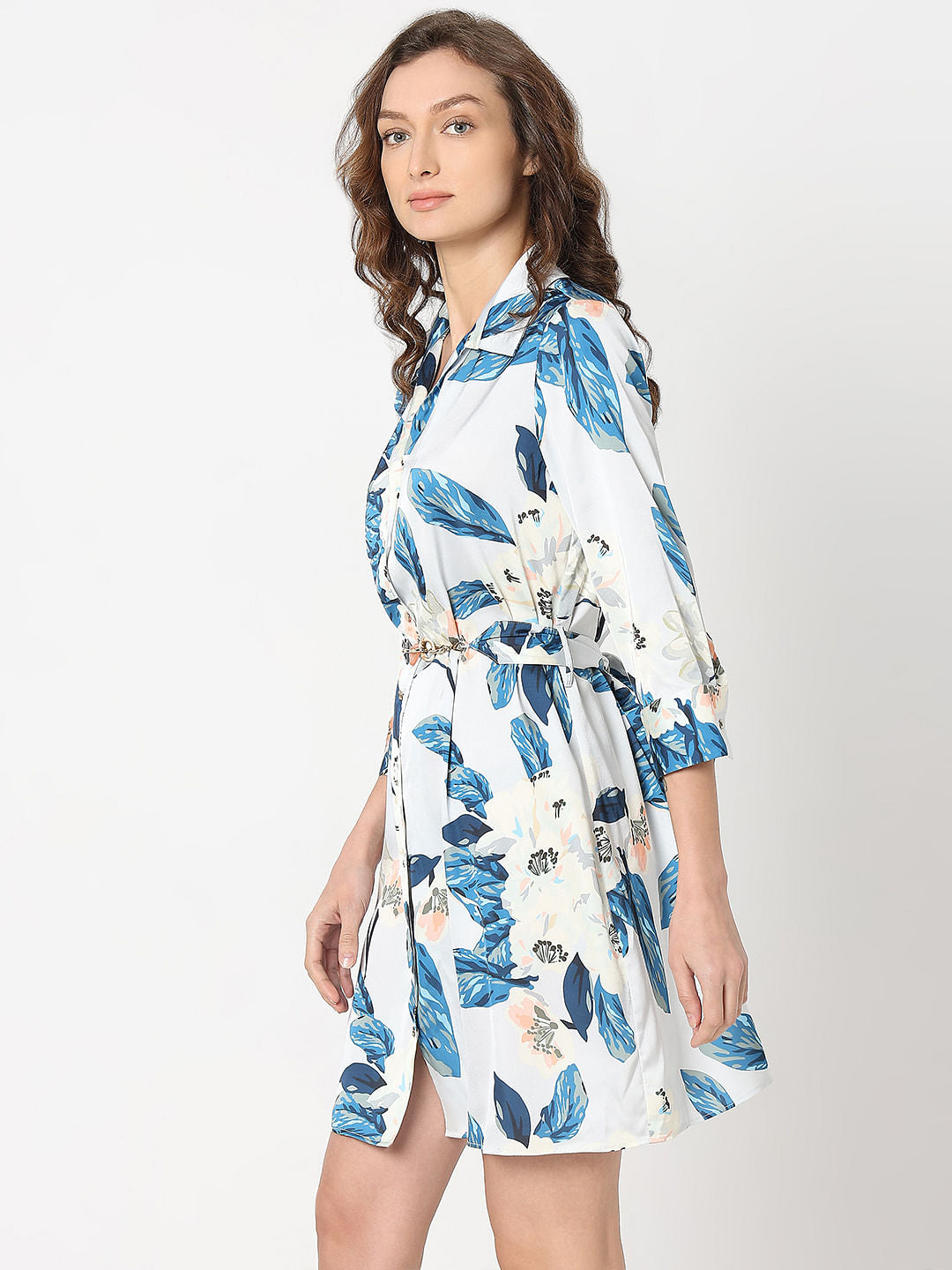 Blue Leafy Print Shirt Dress