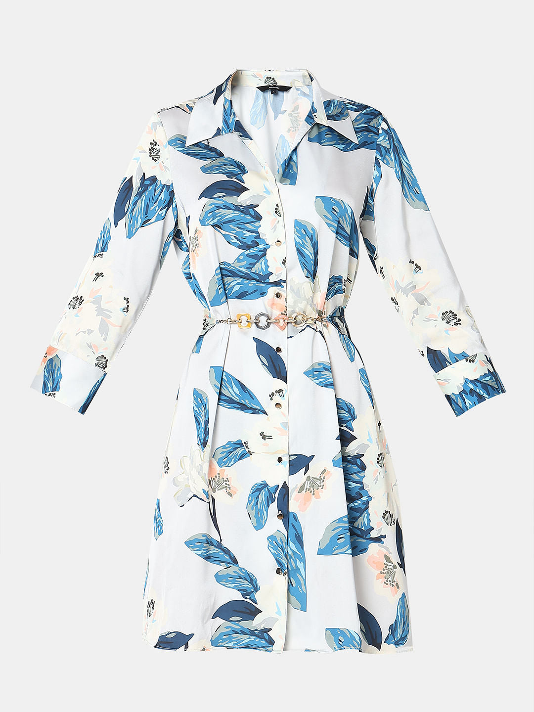 Blue Leafy Print Shirt Dress