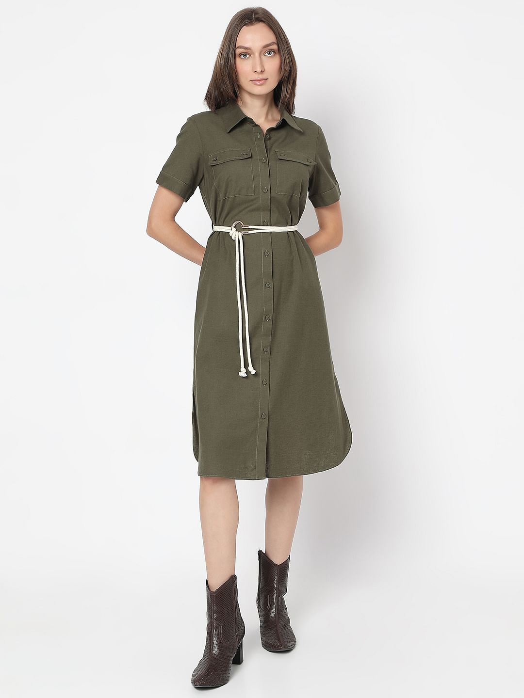 Dark Green Cotton Shirt Dress