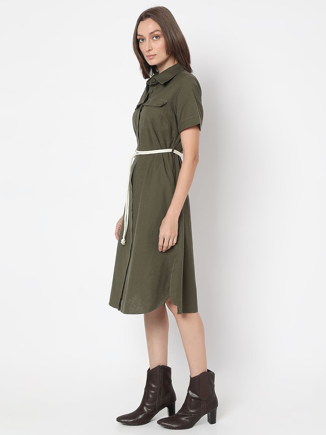 Dark Green Cotton Shirt Dress