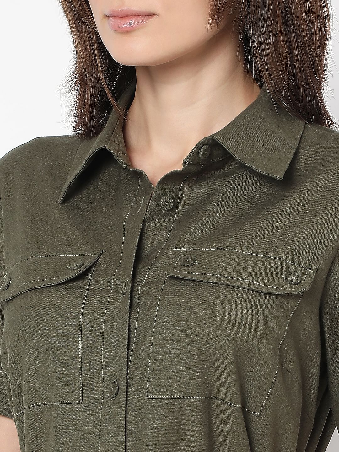 Dark Green Cotton Shirt Dress