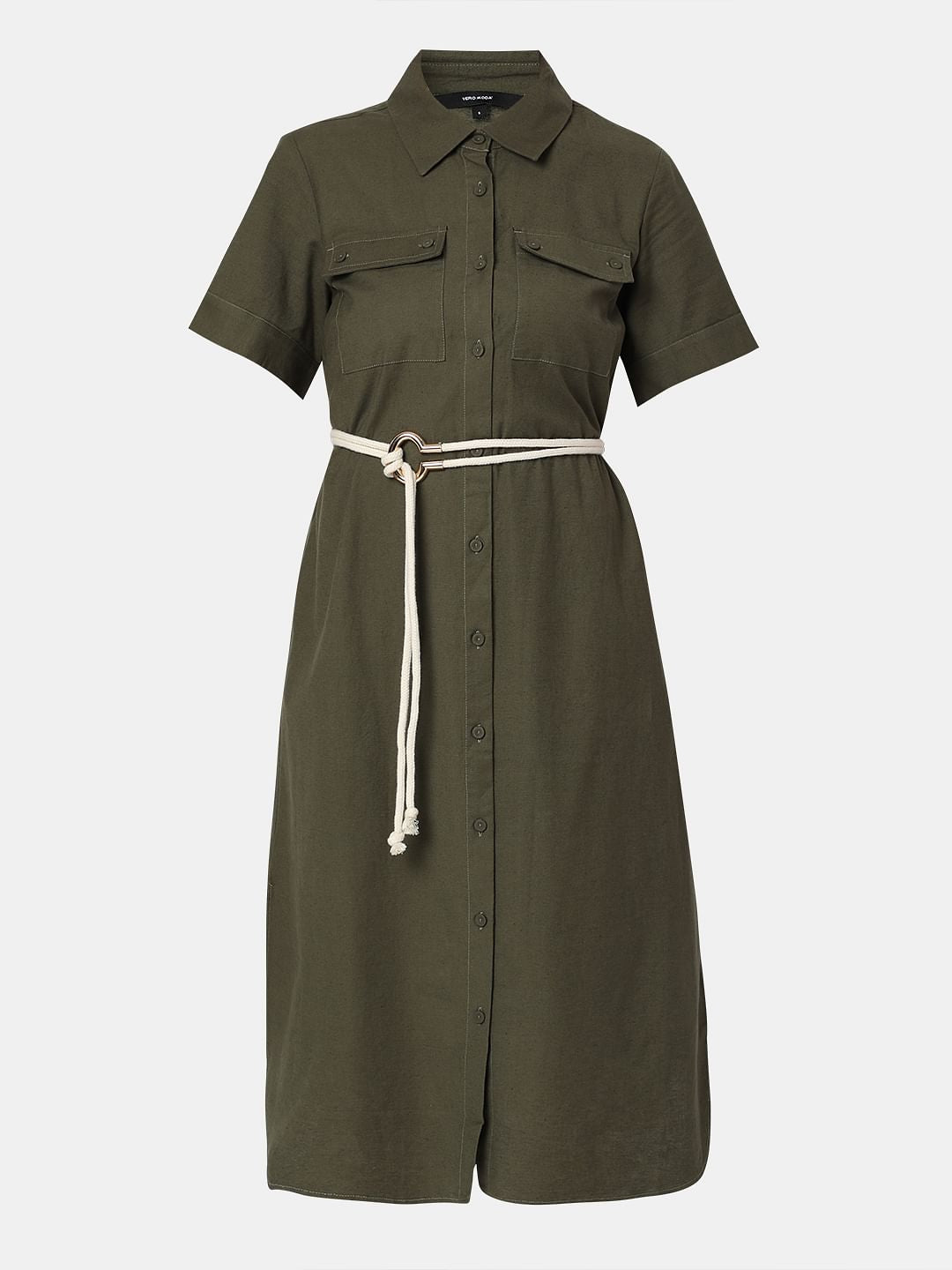 Dark Green Cotton Shirt Dress