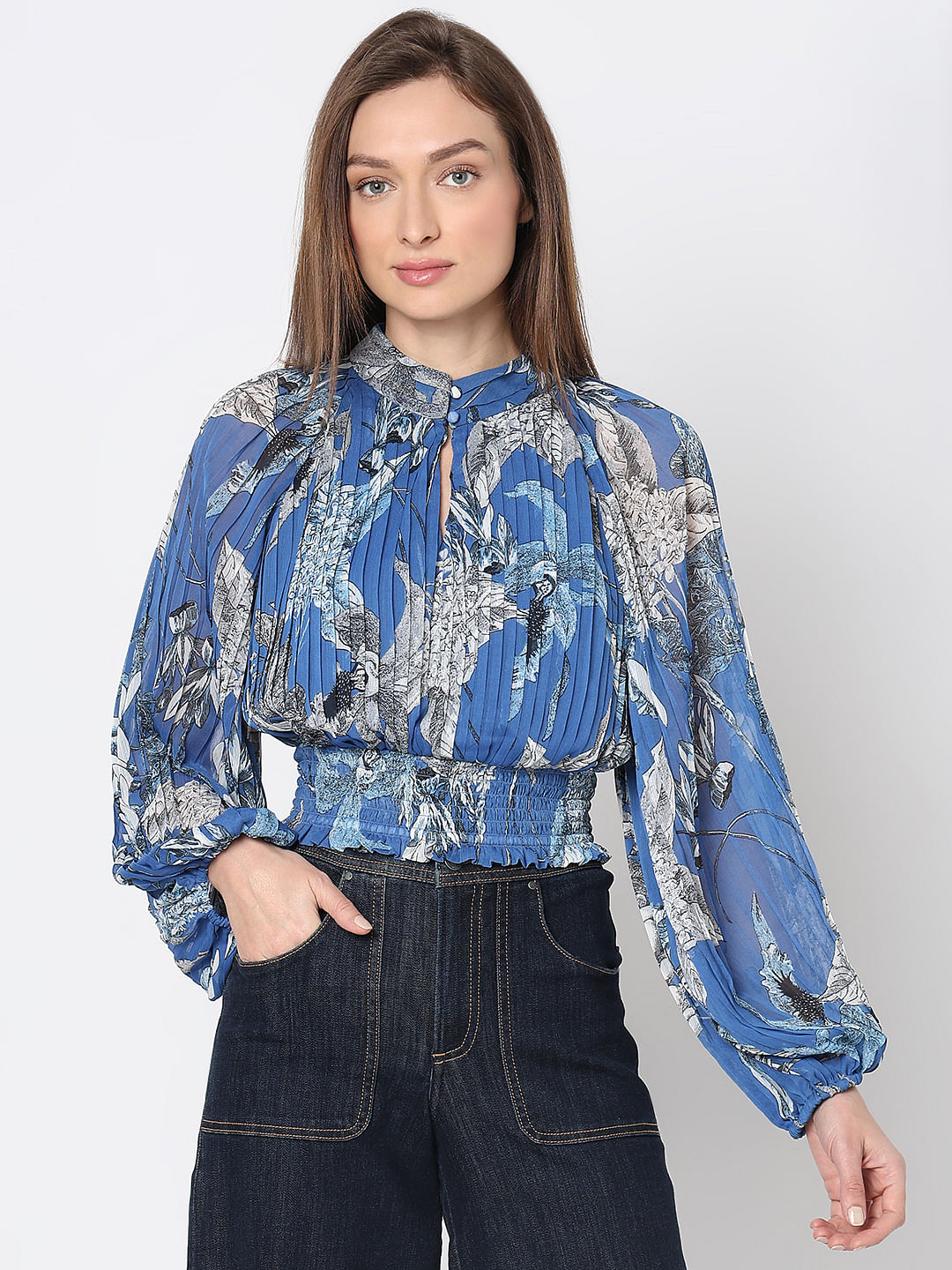 Blue Floral Pleated Top