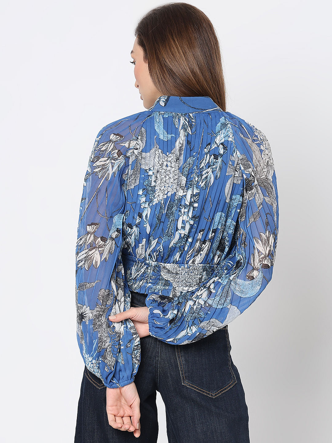 Blue Floral Pleated Top