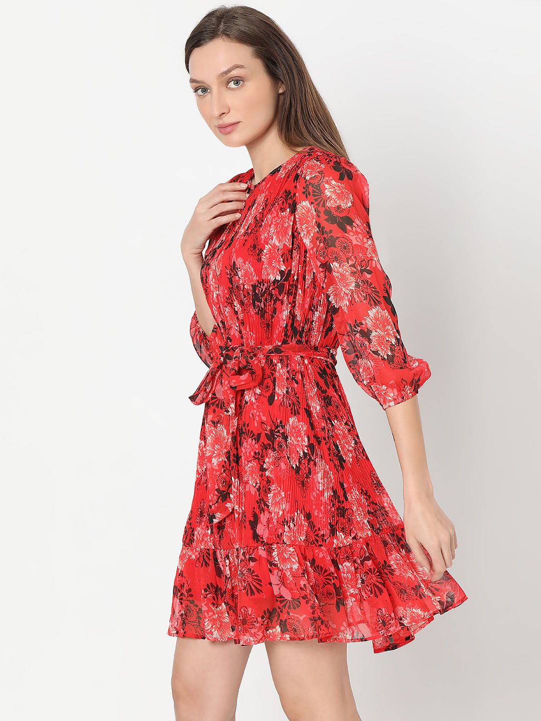 Red Floral Pleated Dress