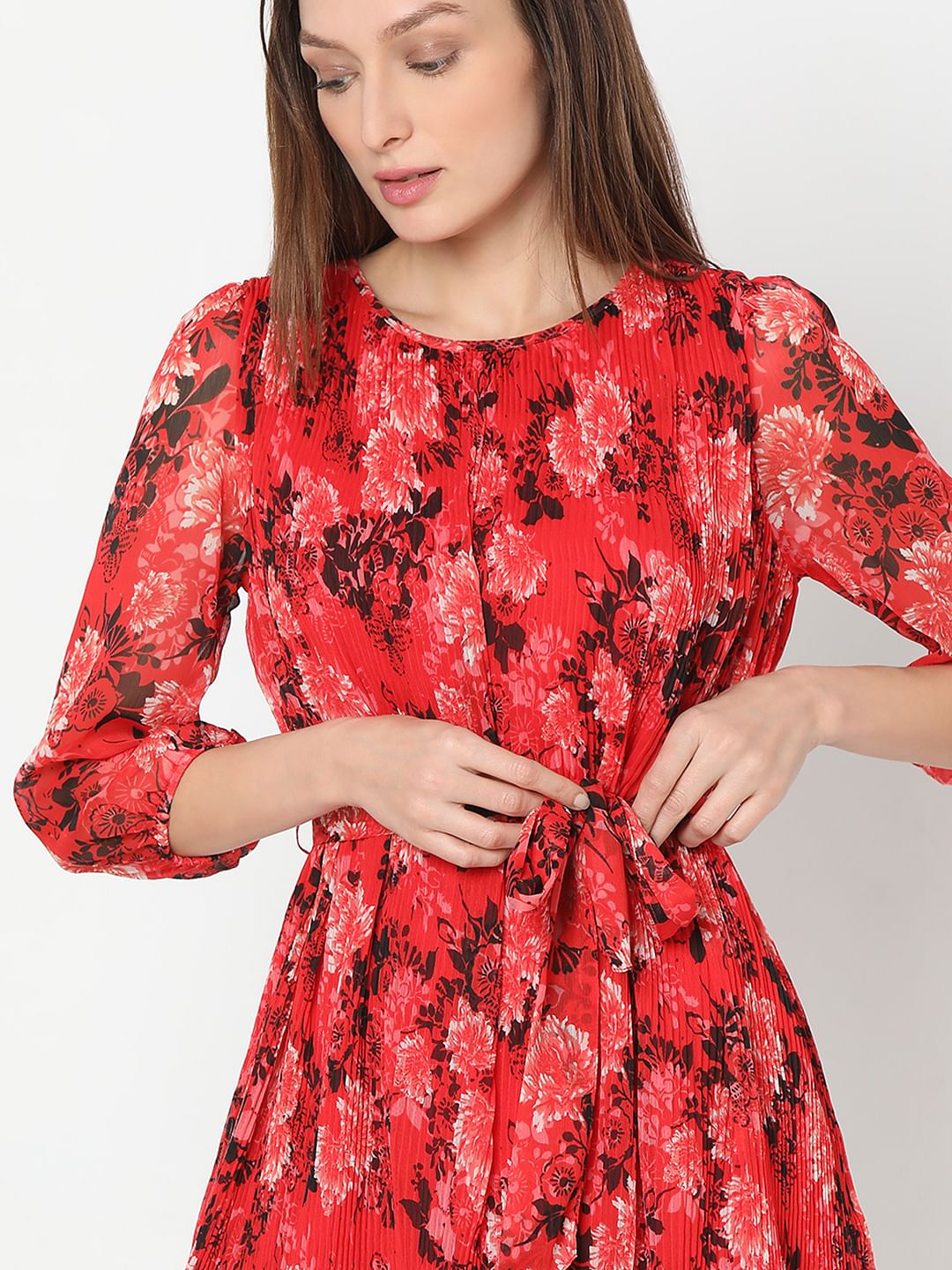Red Floral Pleated Dress