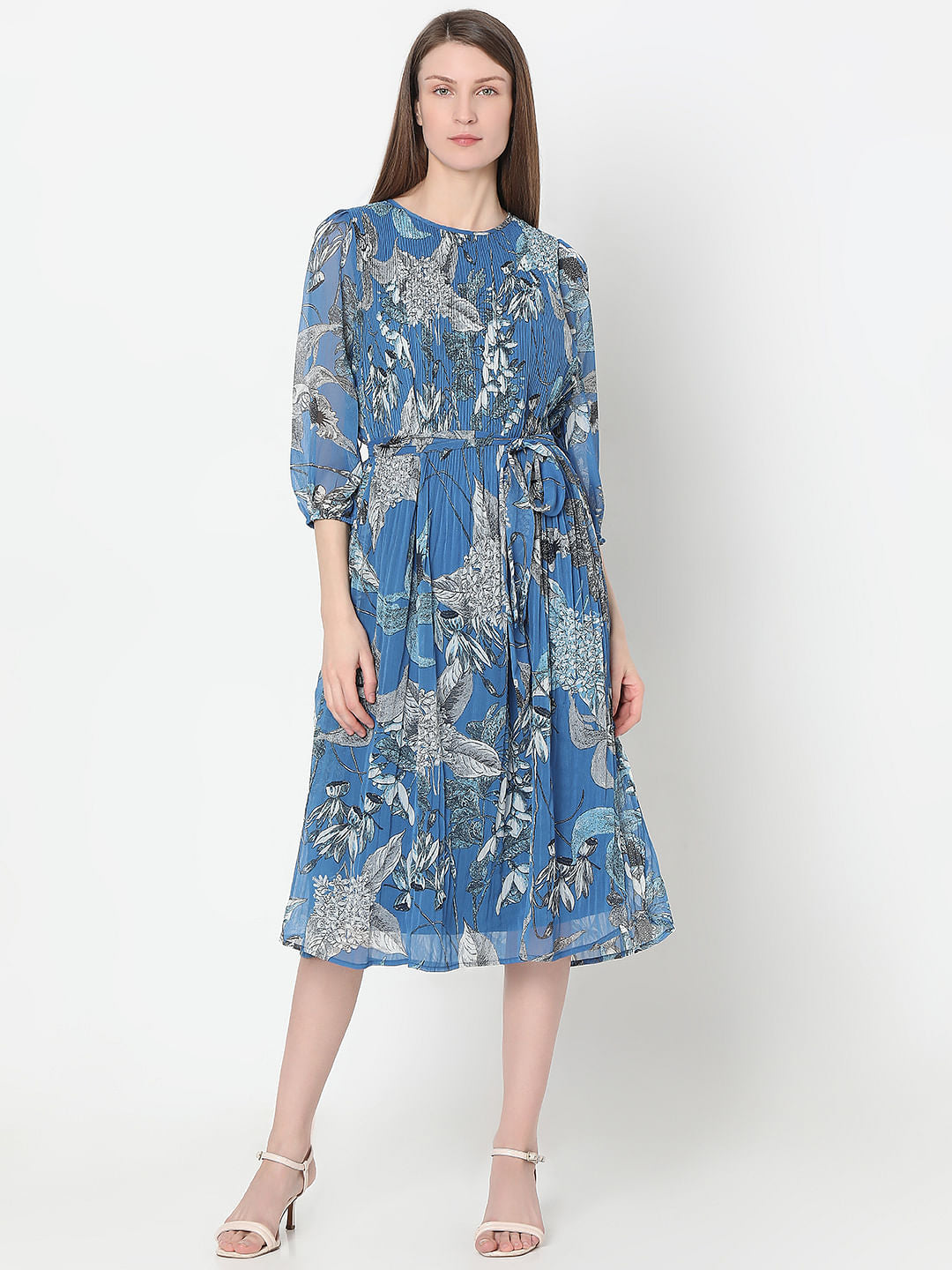 Blue Floral Pleated Midi Dress