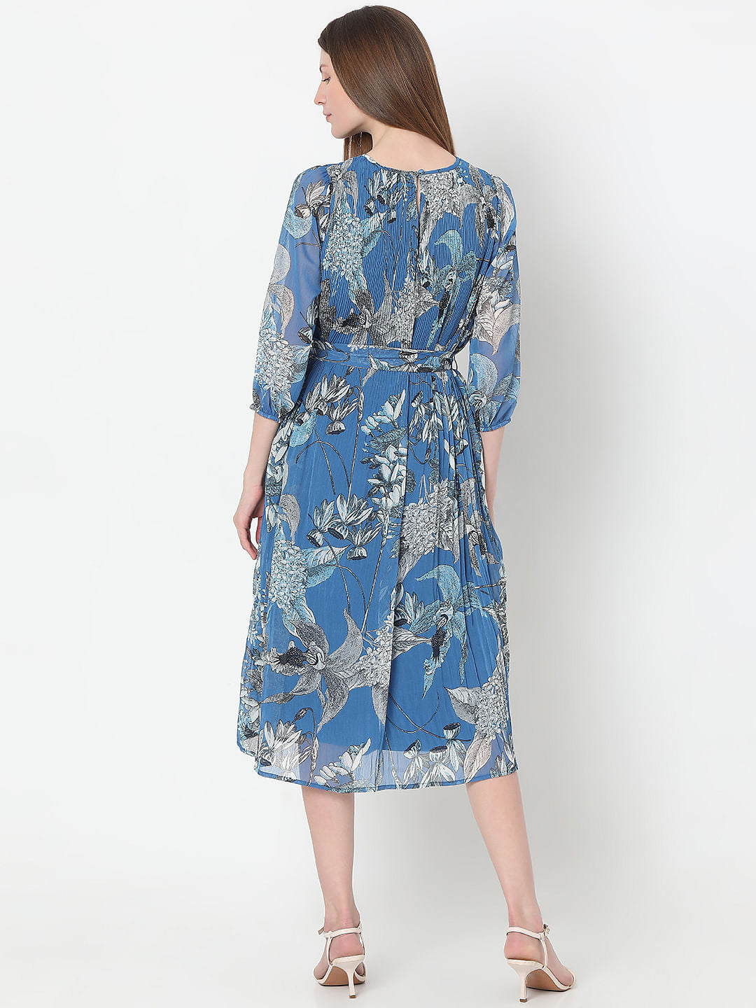 Blue Floral Pleated Midi Dress