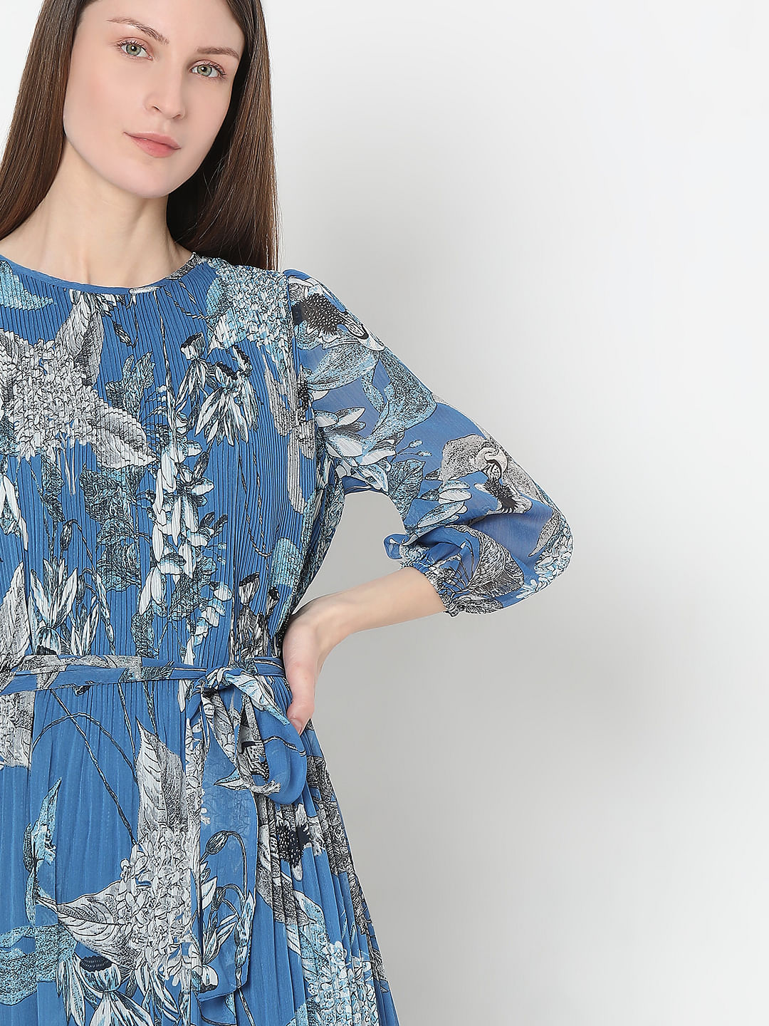 Blue Floral Pleated Midi Dress