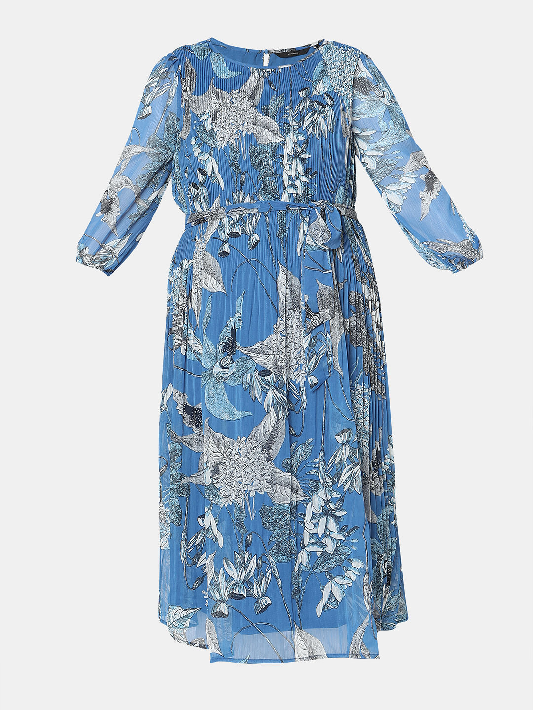 Blue Floral Pleated Midi Dress