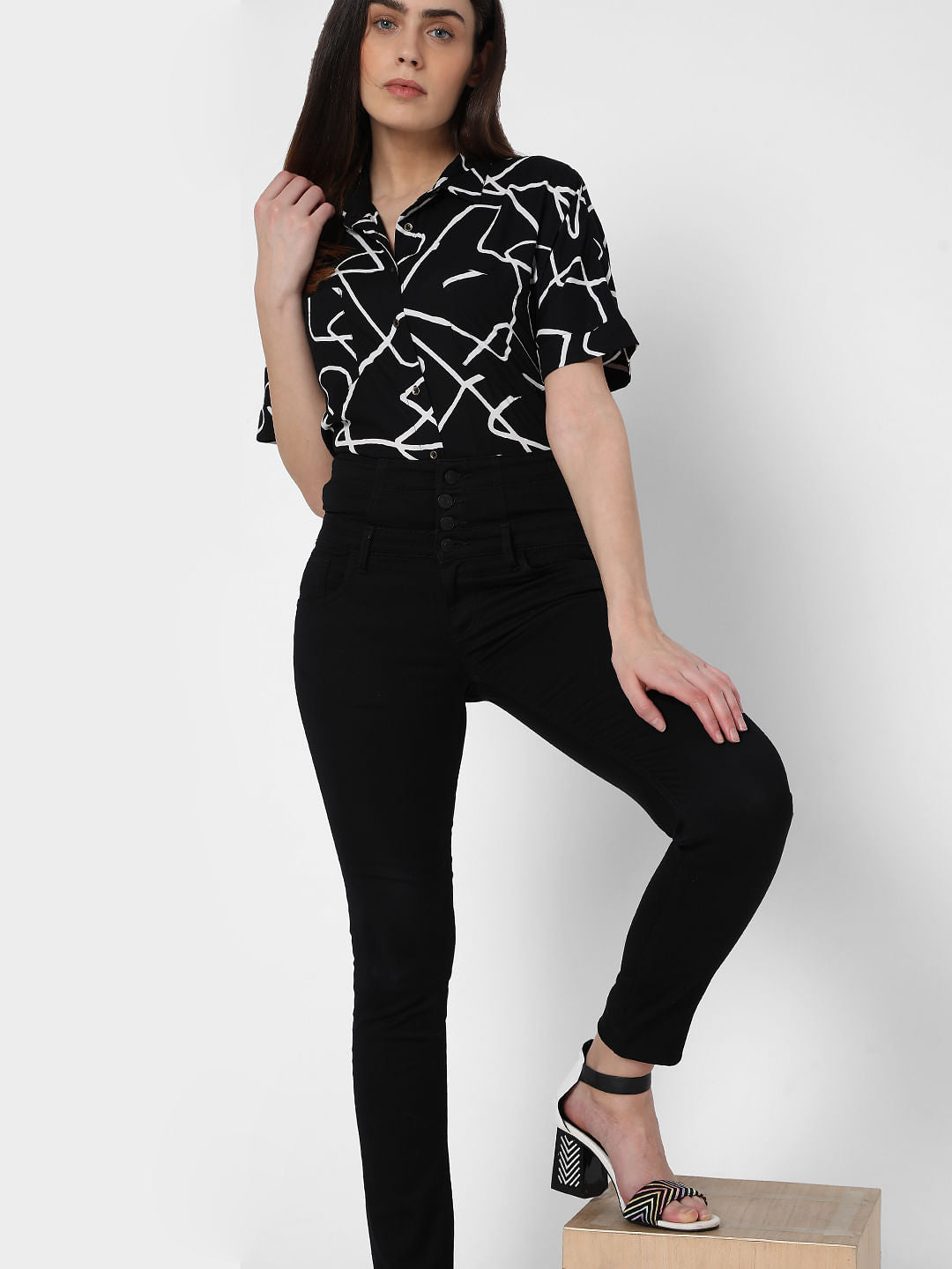 Black High Rise Corset Waist Skinny Jeans
