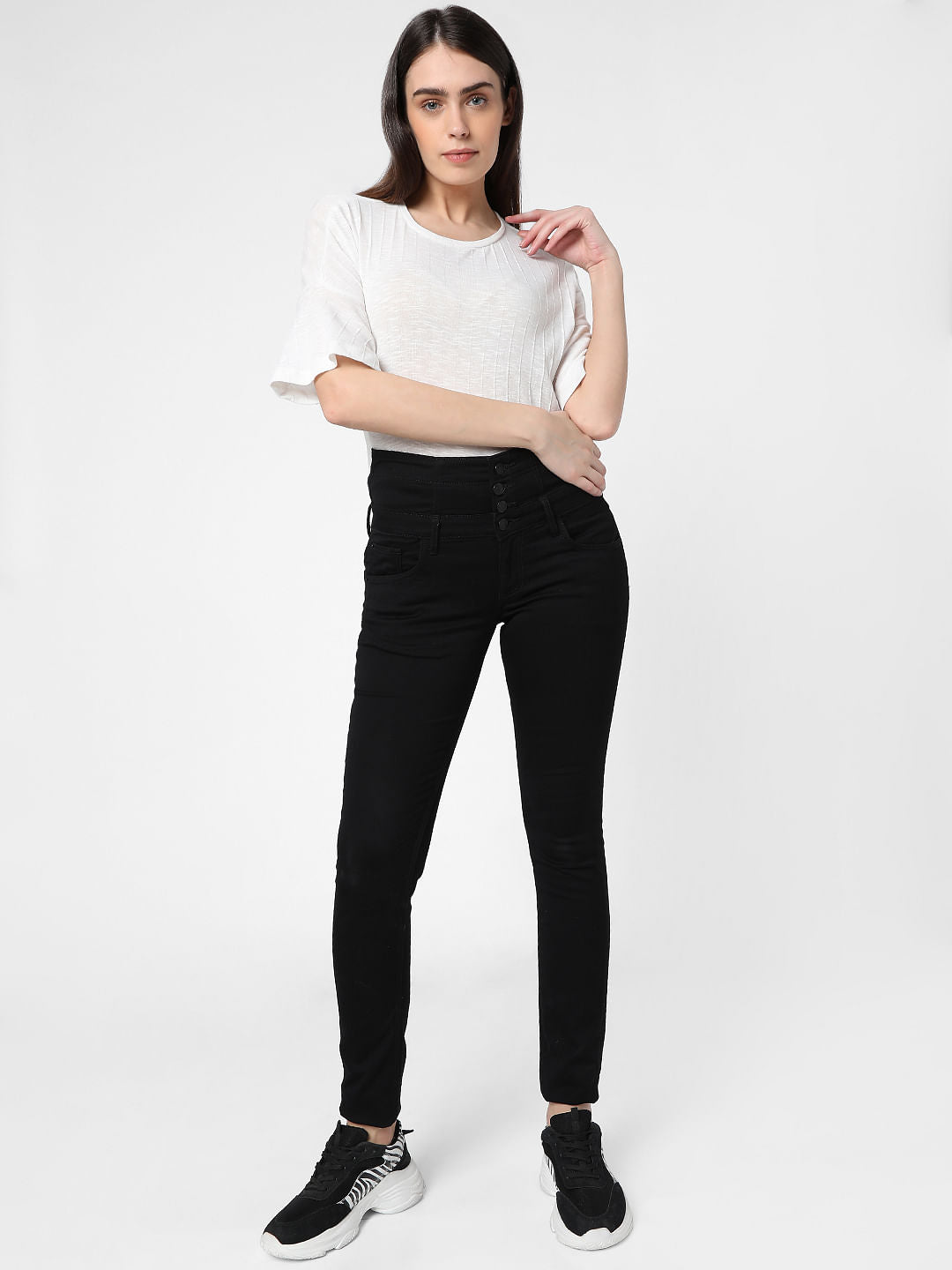 Black High Rise Corset Waist Skinny Jeans