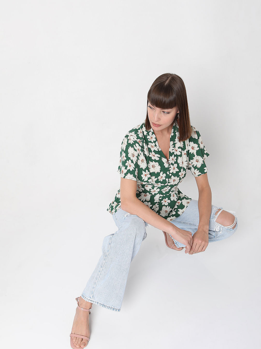 Green Floral Peplum Top