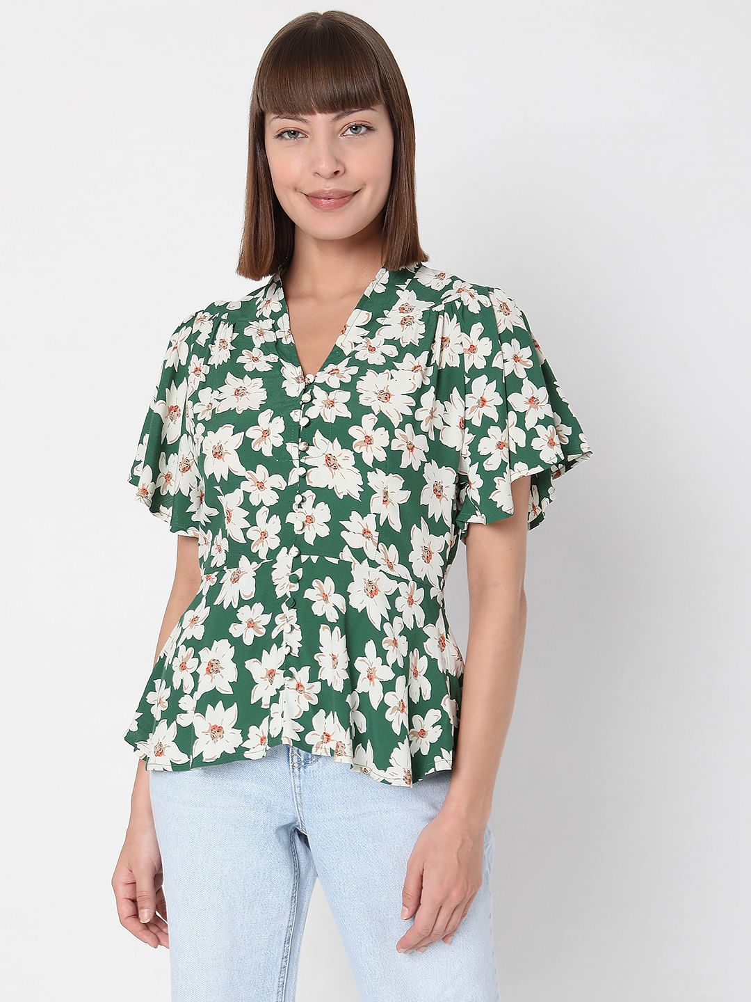 Green Floral Peplum Top