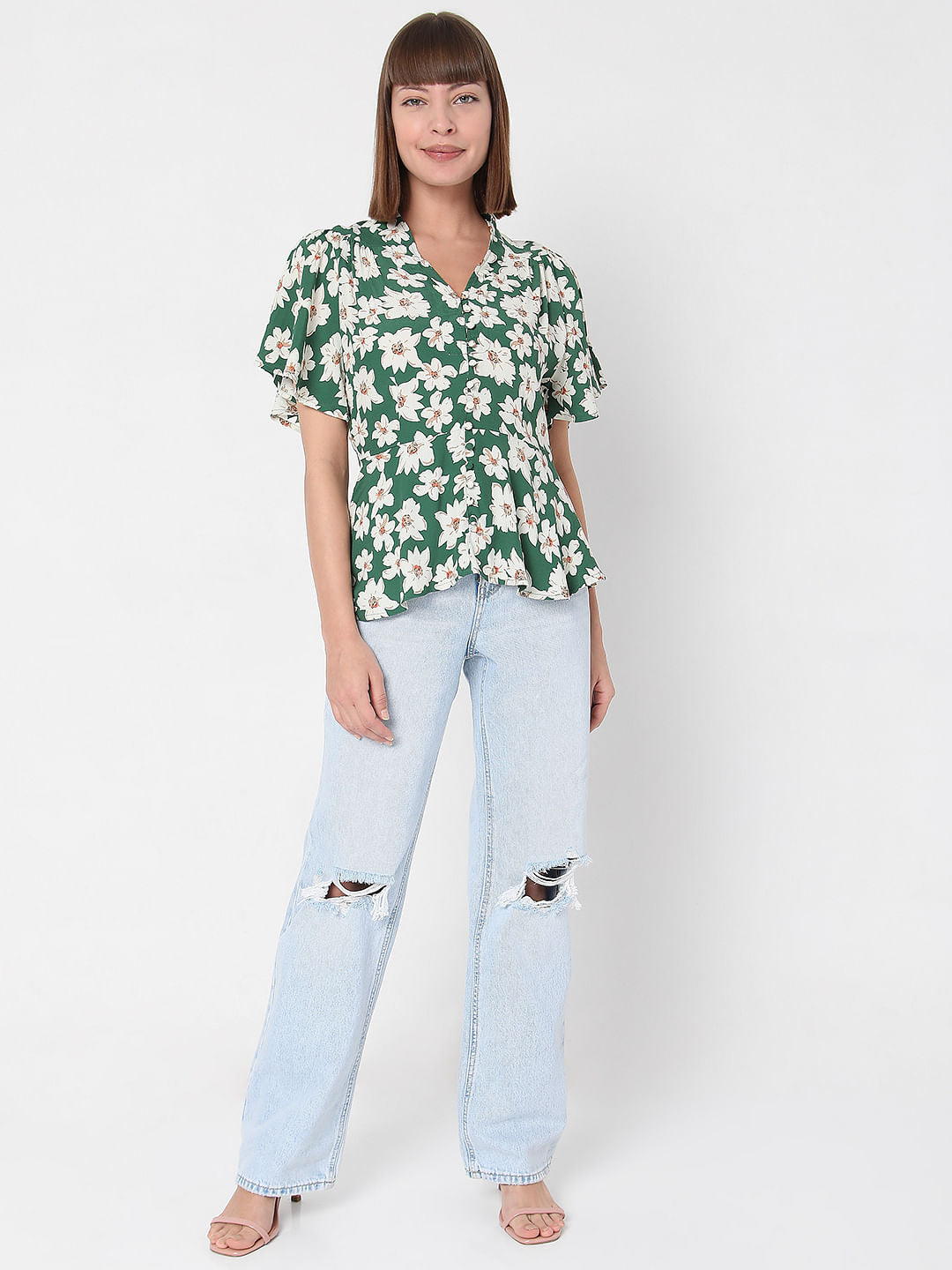 Green Floral Peplum Top