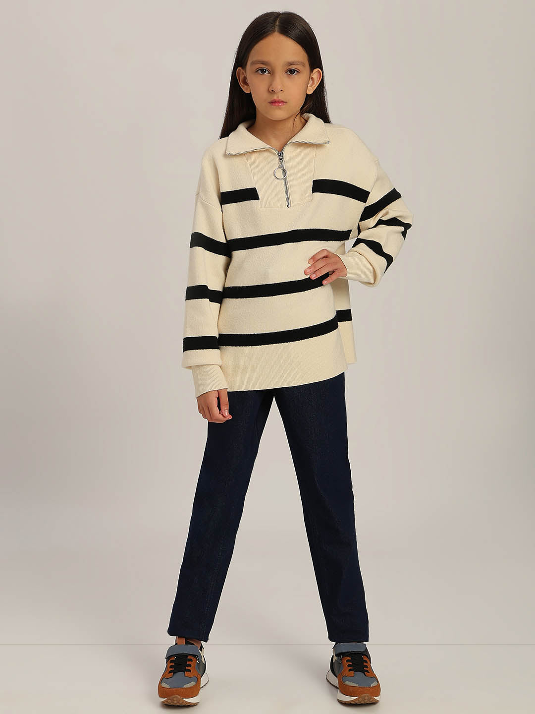 GIRLS Black & White Striped Sweater