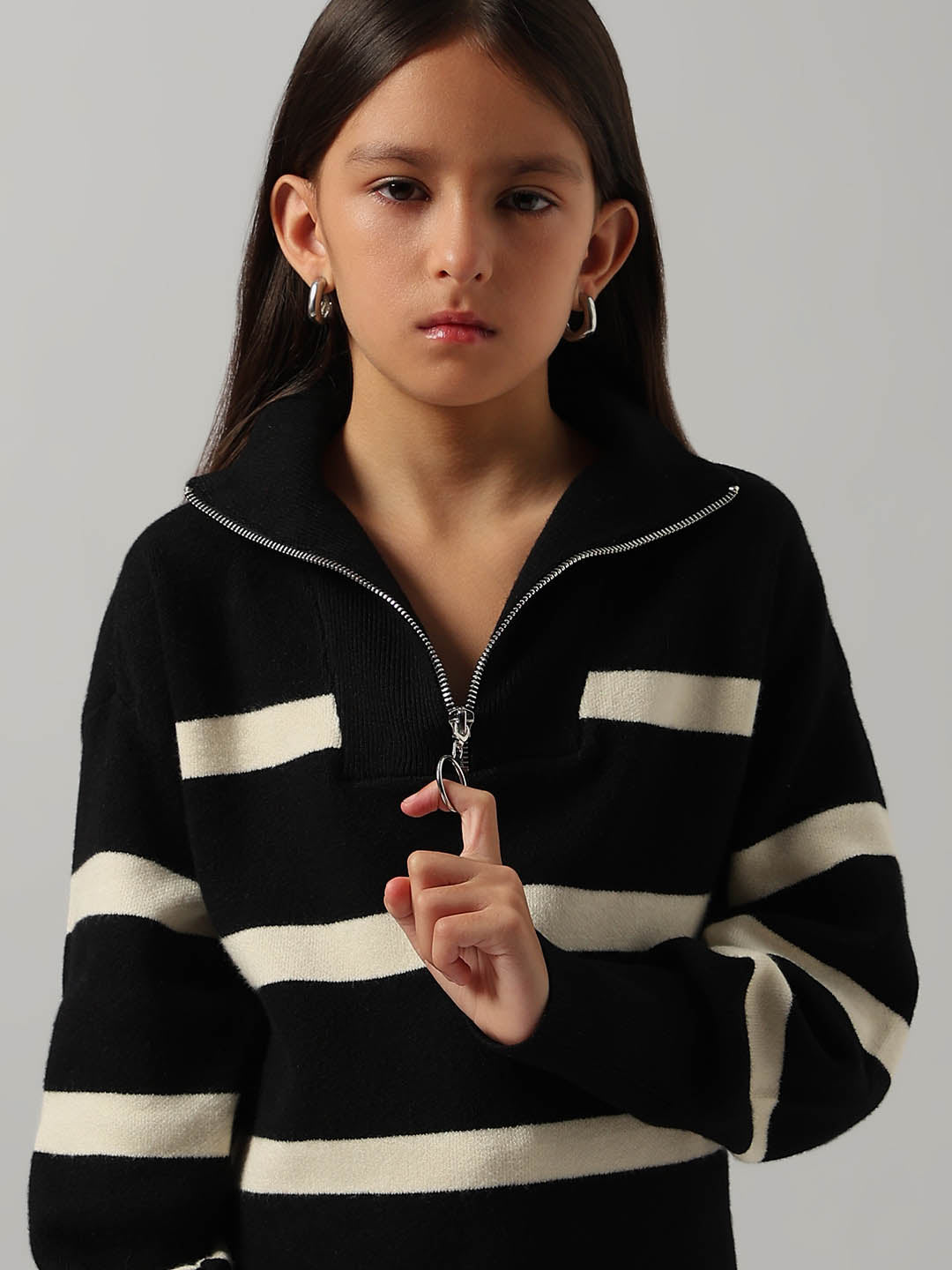 GIRLS Black & Beige Striped Sweater