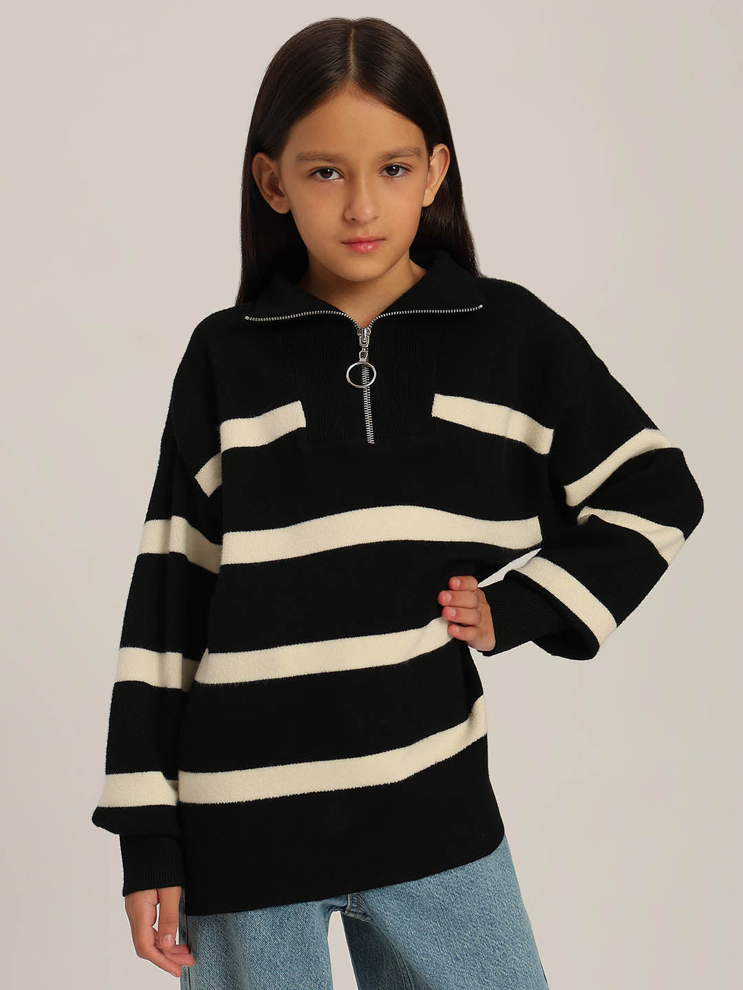 GIRLS Black & Beige Striped Sweater