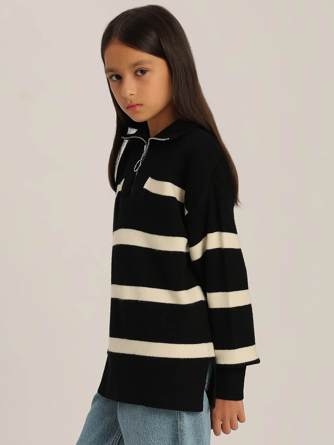 GIRLS Black & Beige Striped Sweater