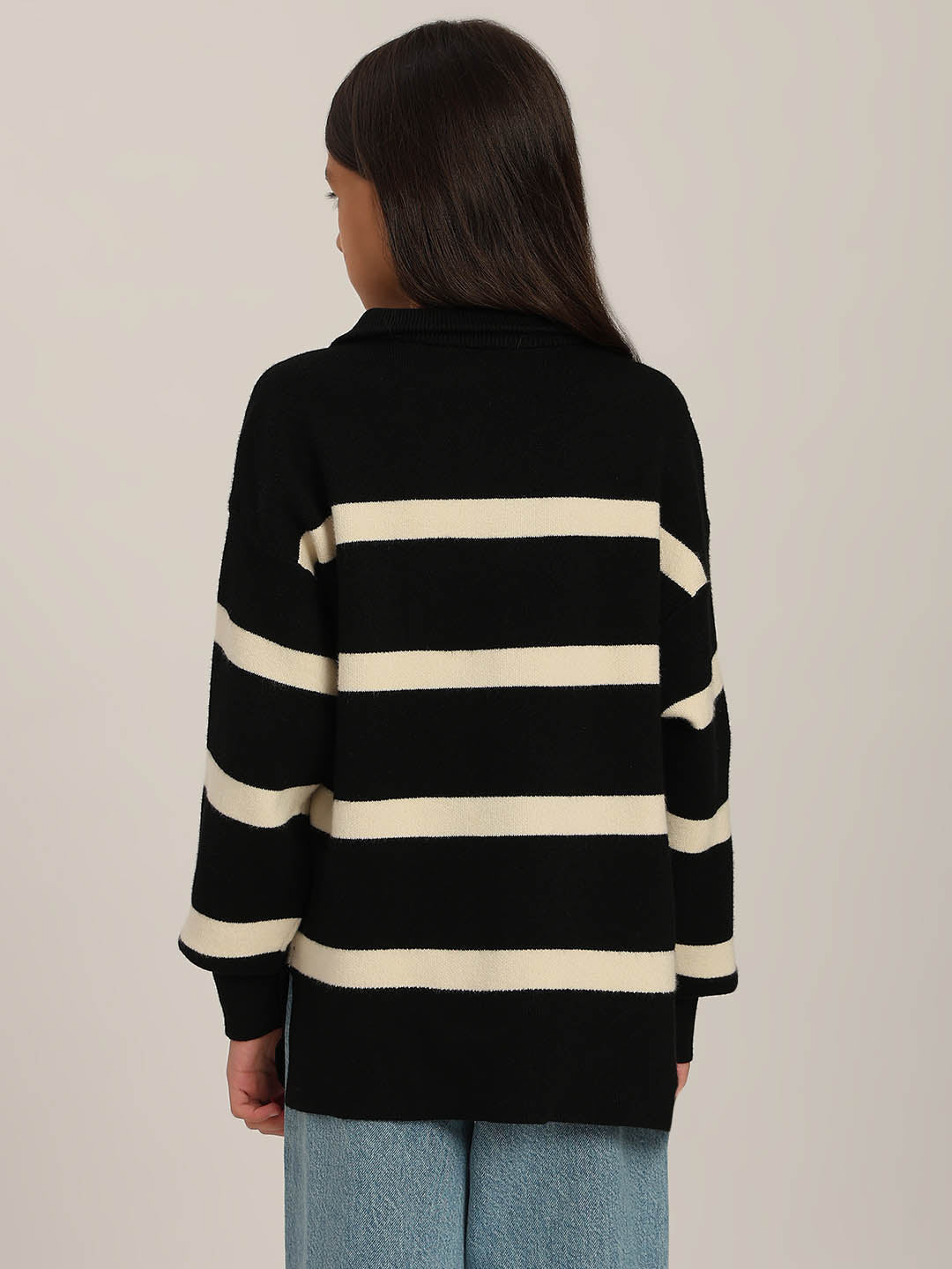 GIRLS Black & Beige Striped Sweater