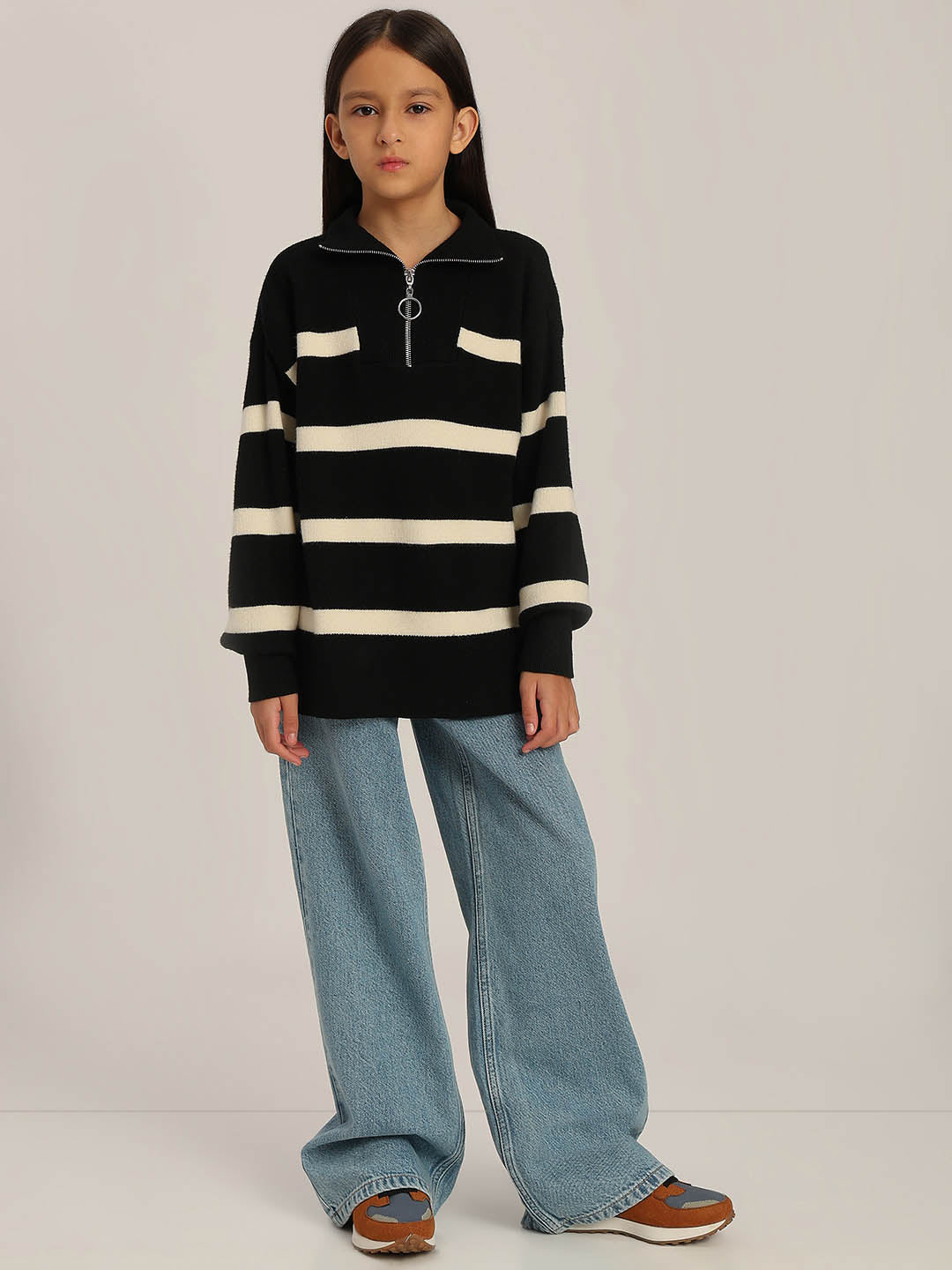 GIRLS Black & Beige Striped Sweater