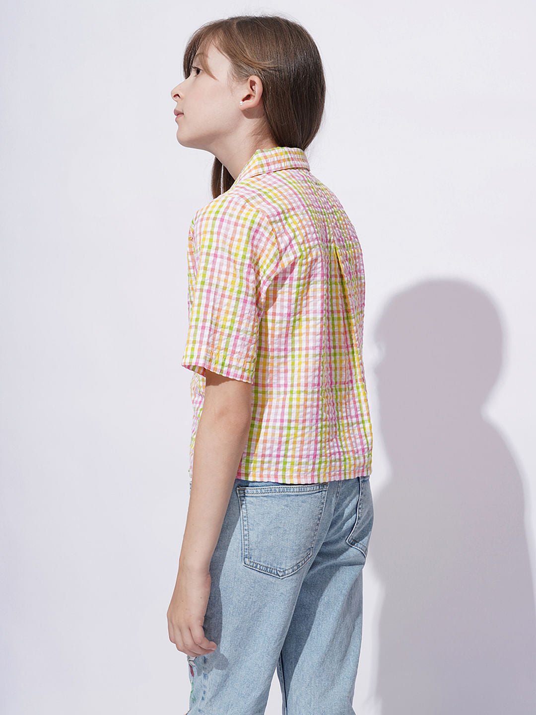 Girls White Cotton Check Shirt