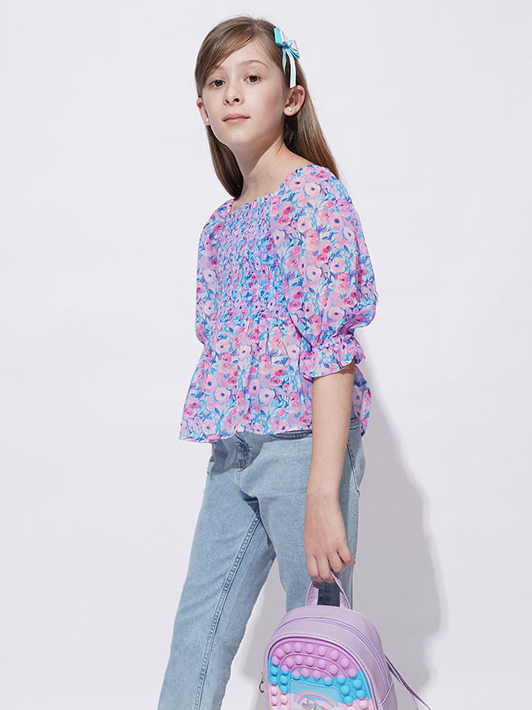 Girls Blue Floral Print Smock Top