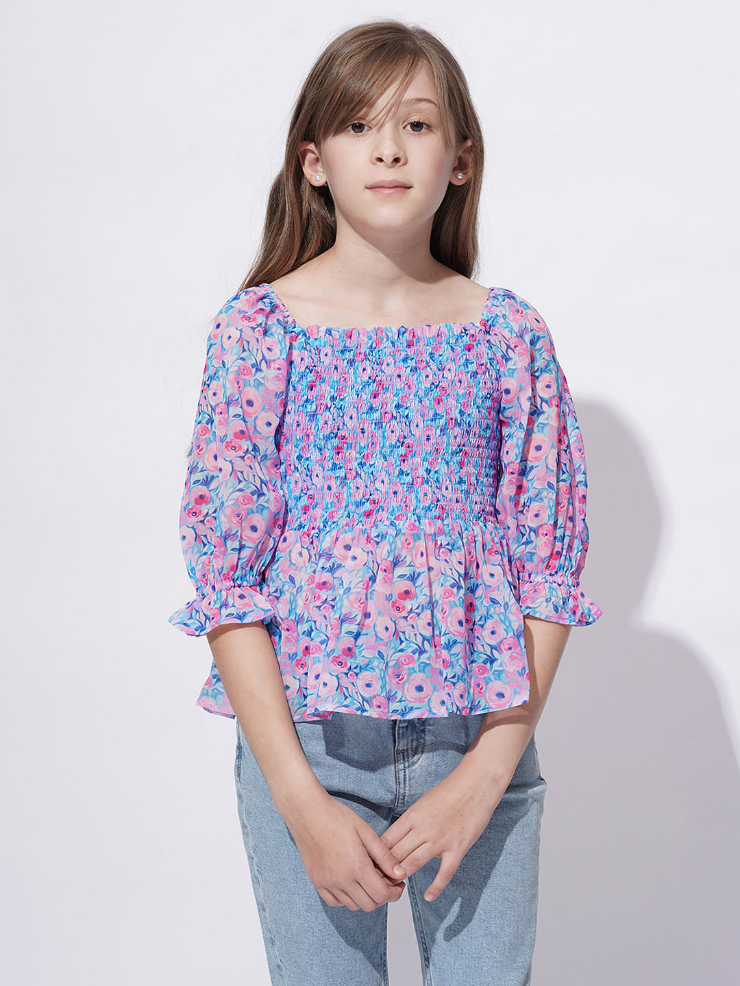 Girls Blue Floral Print Smock Top