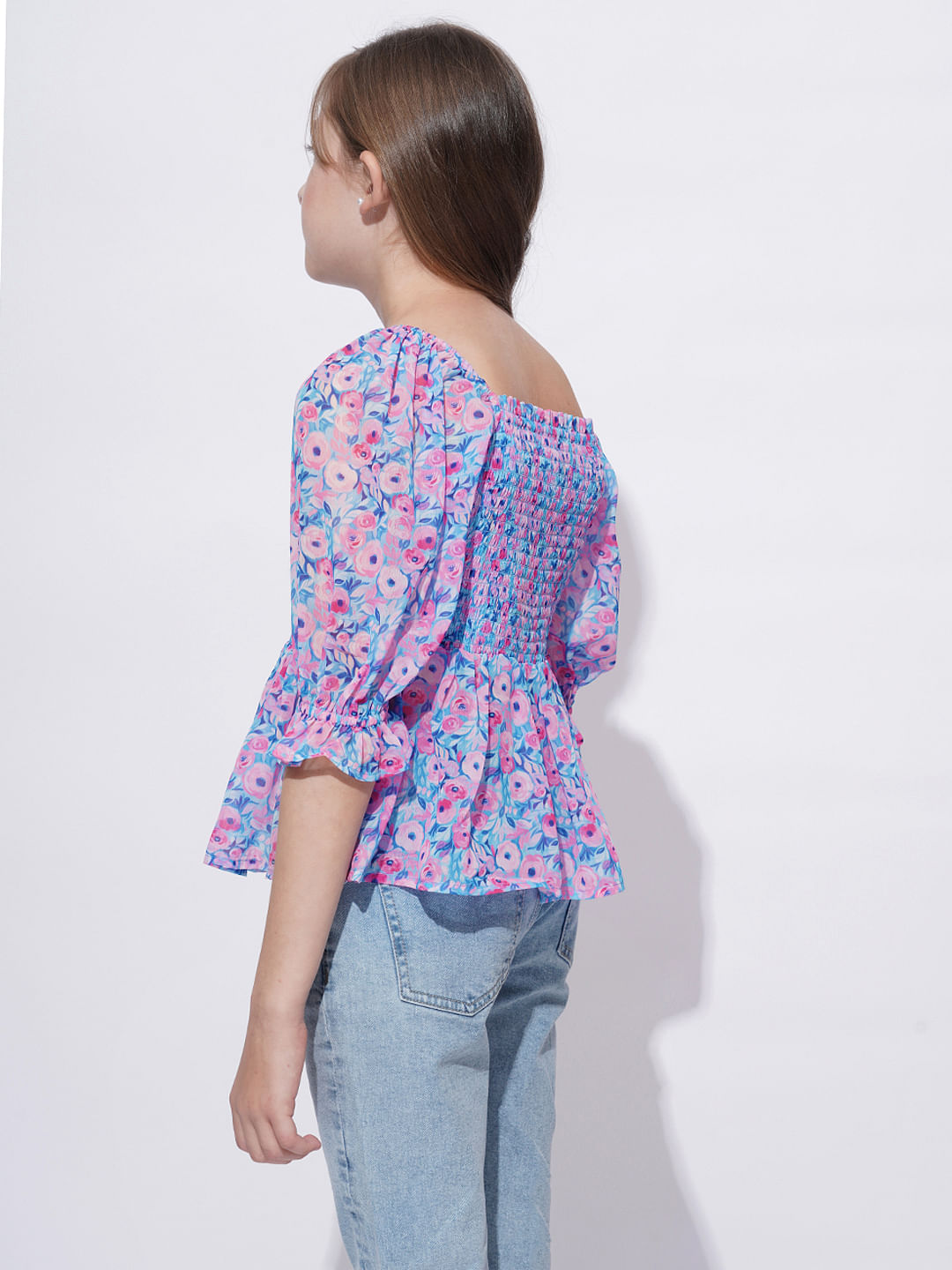 Girls Blue Floral Print Smock Top