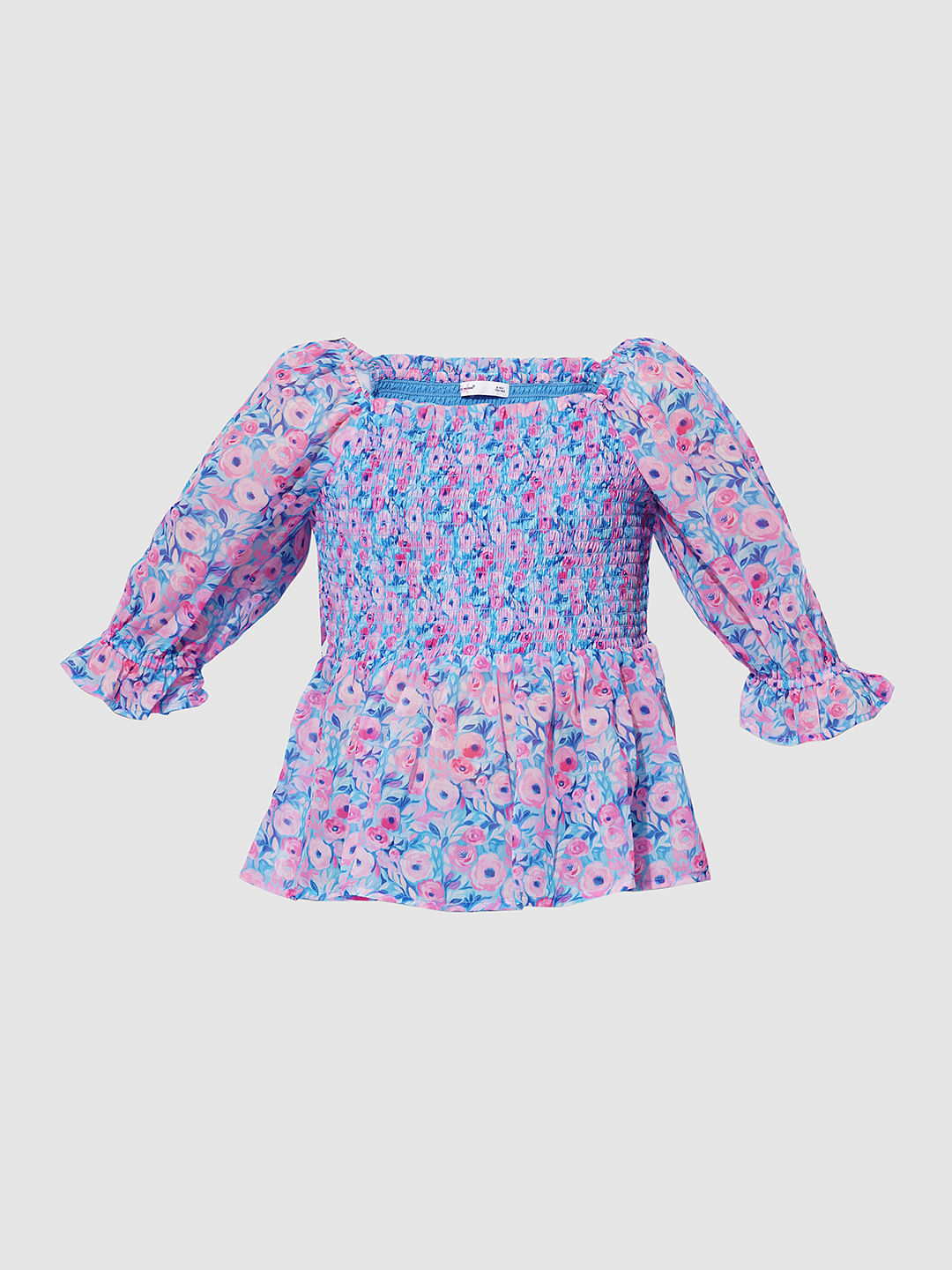 Girls Blue Floral Print Smock Top