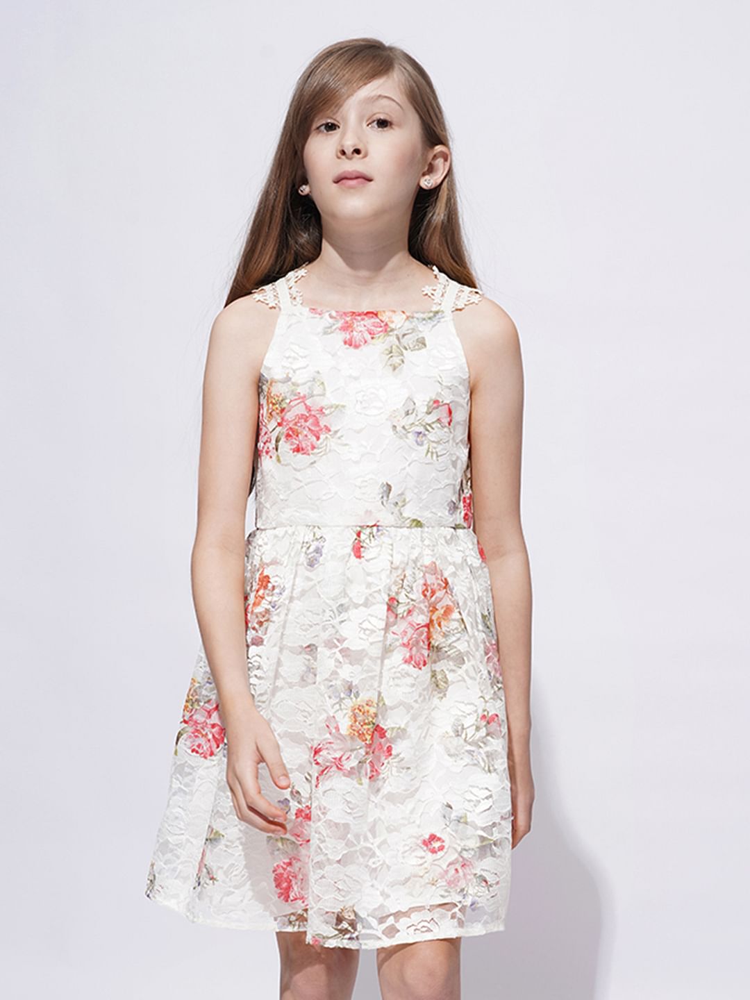 Girls White Floral Lace Dress