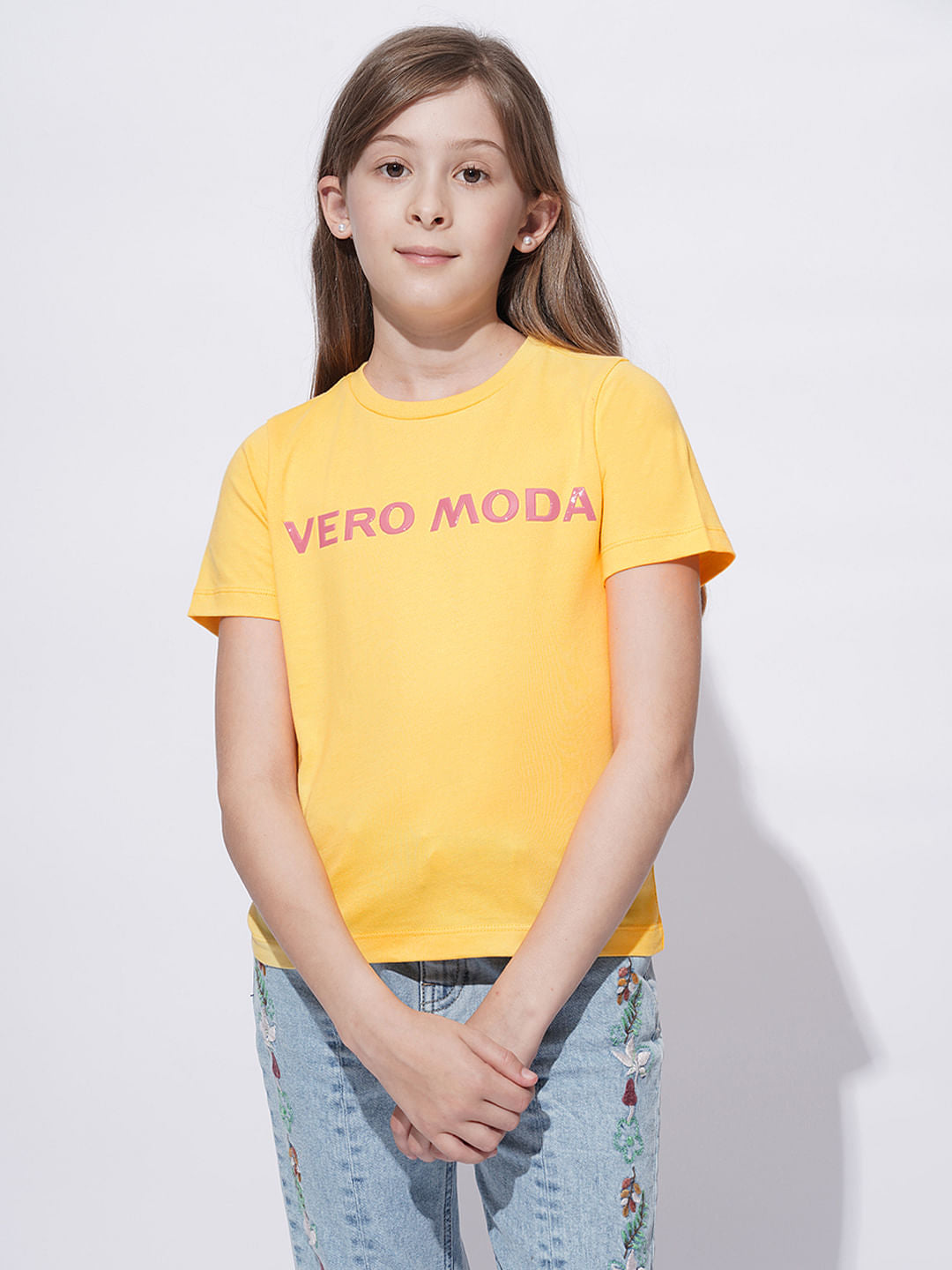 Girls Yellow Logo Print Cotton T-Shirt