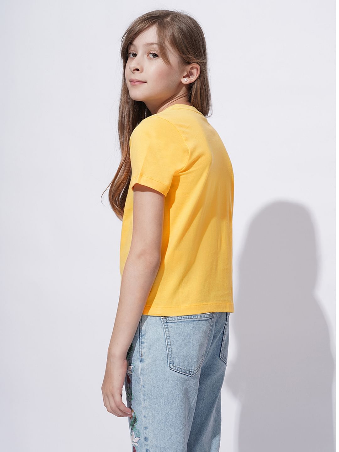Girls Yellow Logo Print Cotton T-Shirt