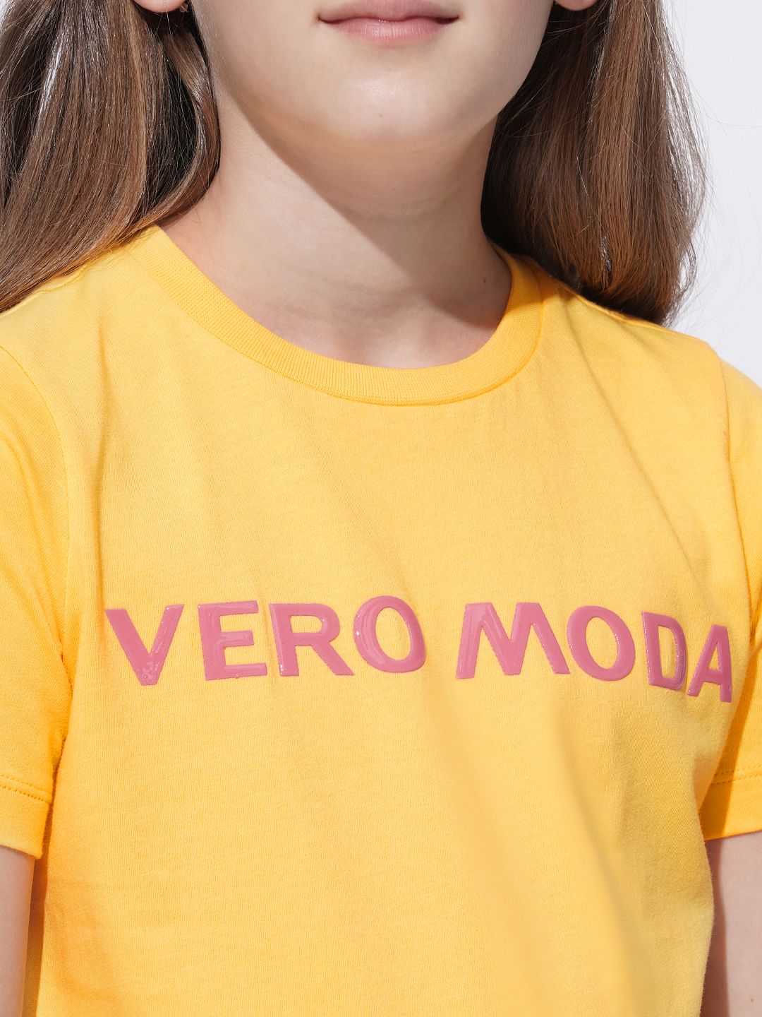 Girls Yellow Logo Print Cotton T-Shirt