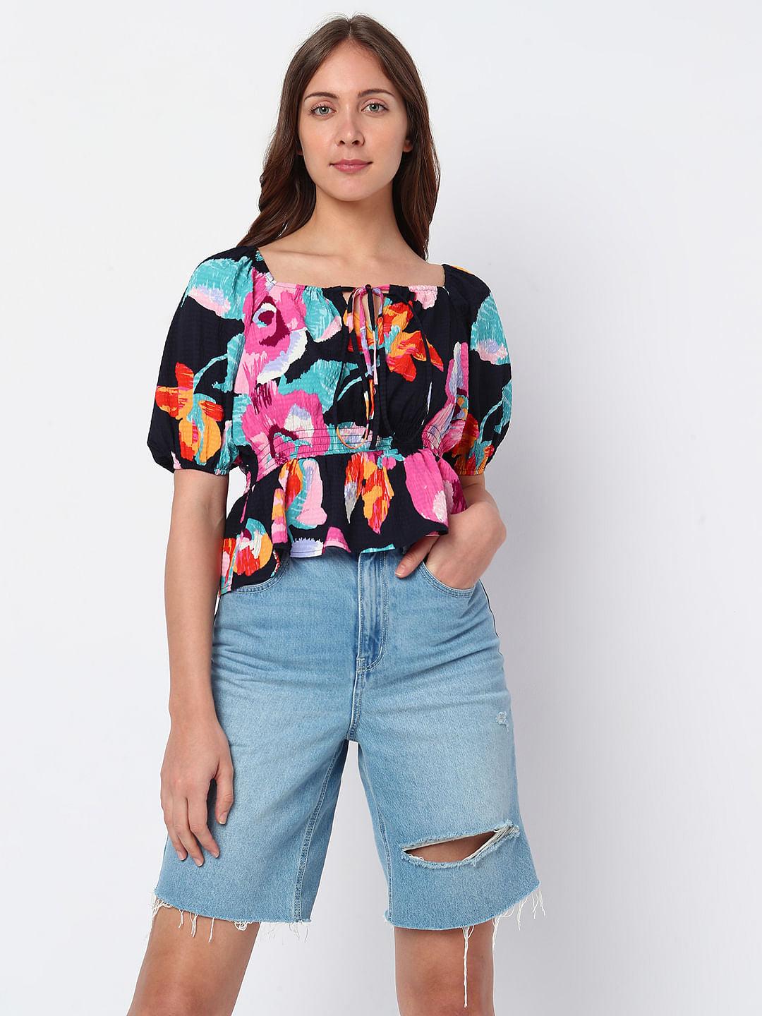Black Floral Print Top