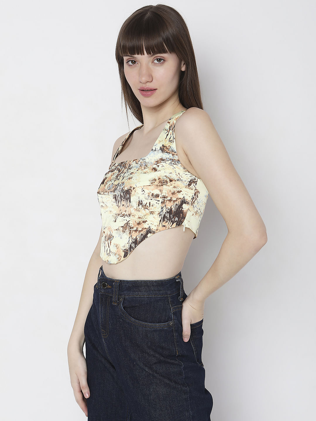 Yellow Printed Corset Co-Ord Set Top