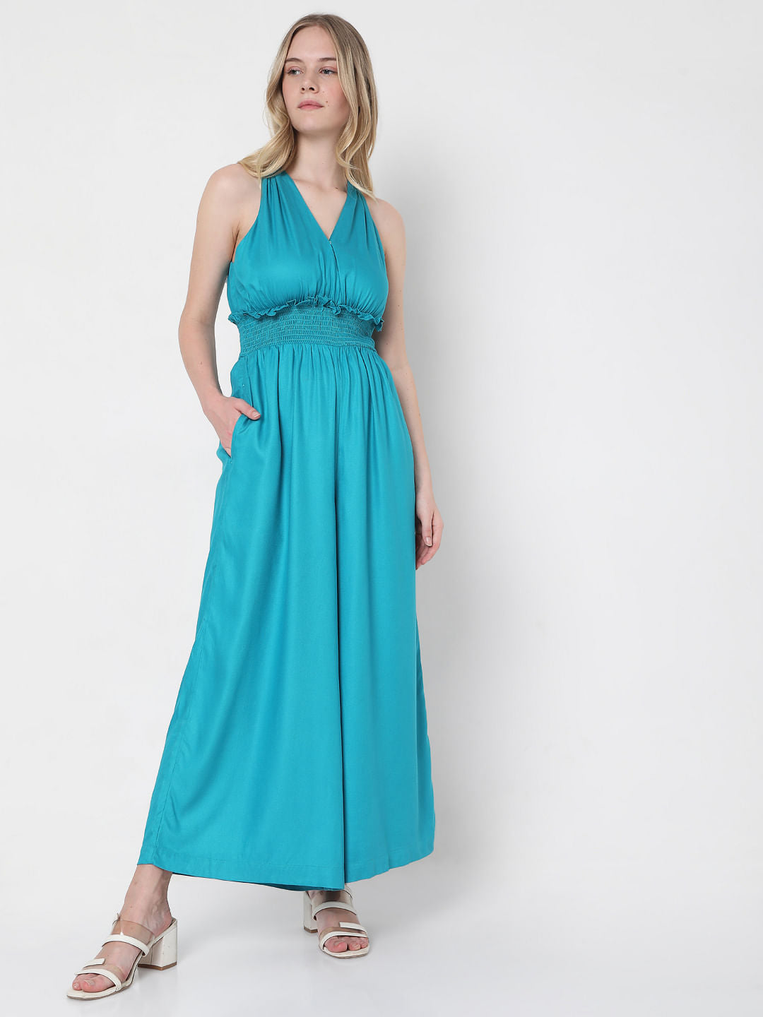 Blue Smocked Jumpsuit