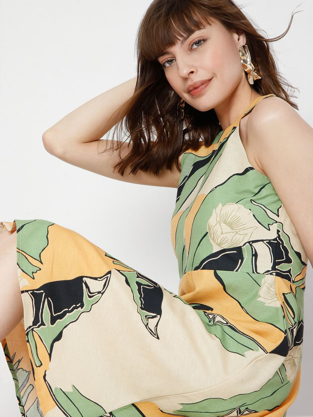 Beige Halter Neck Printed Dress