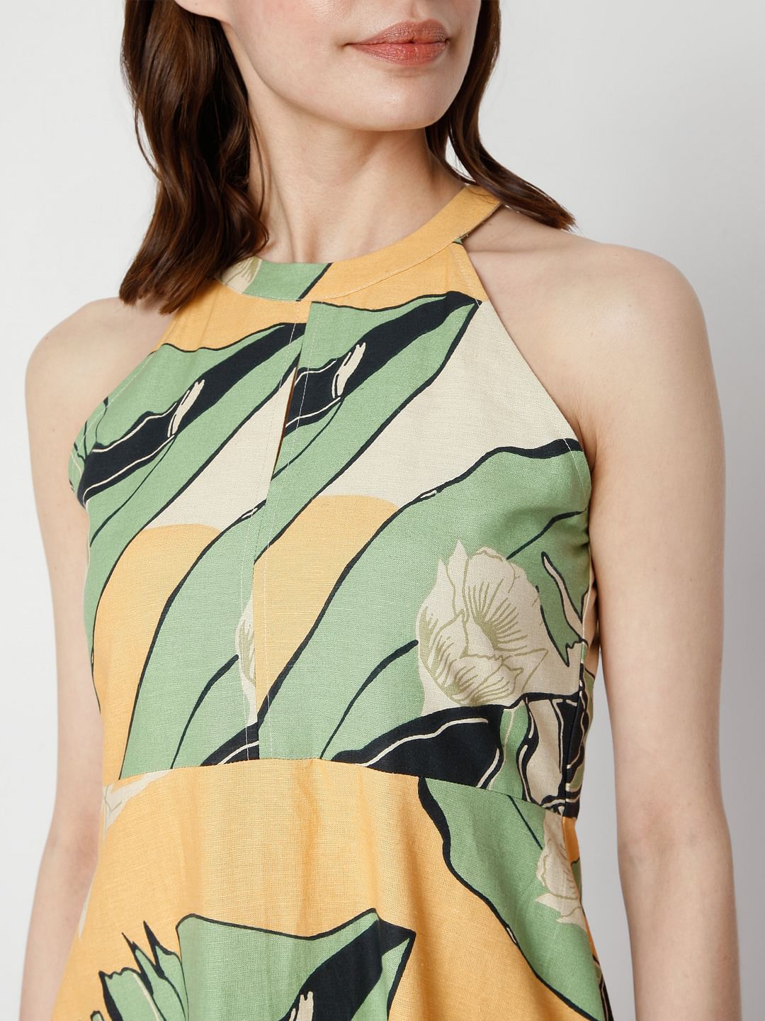 Beige Halter Neck Printed Dress