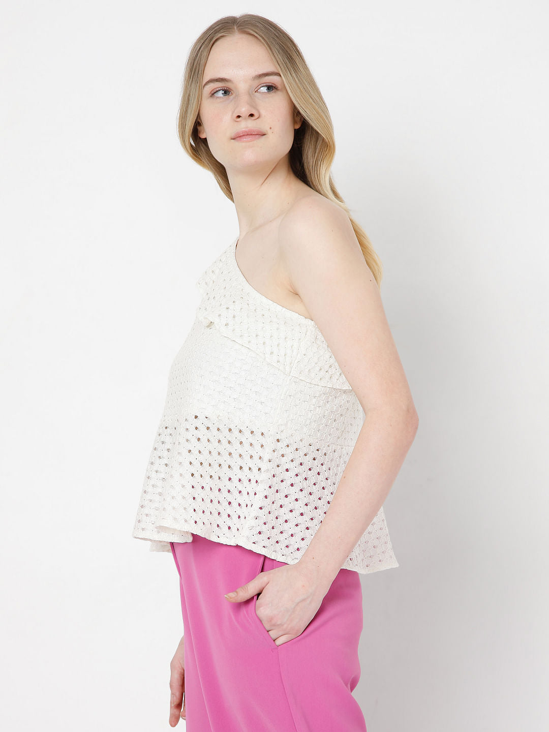 Beige Schiffli One Shoulder Top