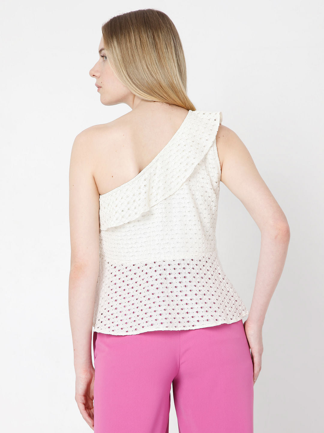 Beige Schiffli One Shoulder Top