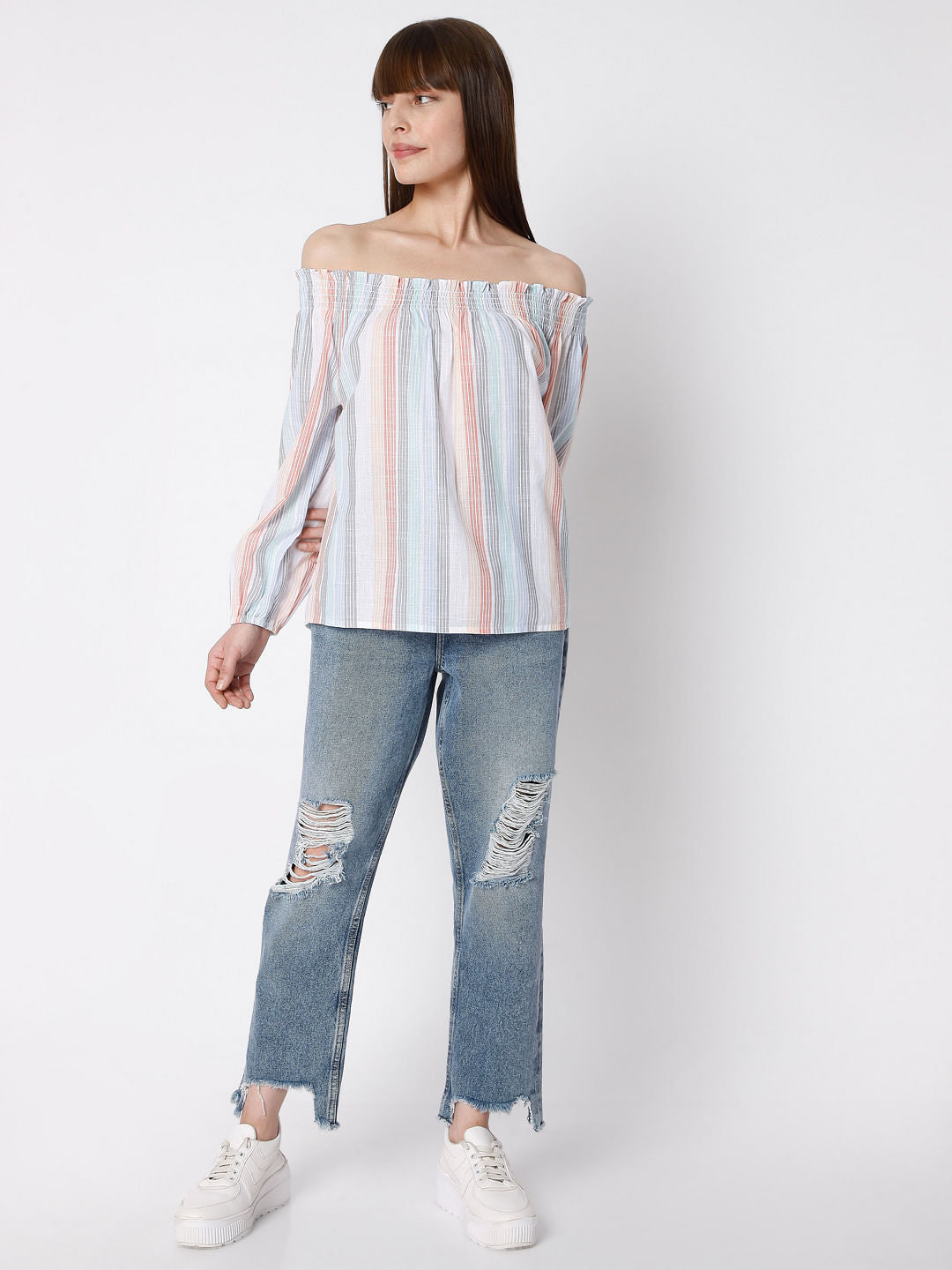 White Striped Off-Shoulder Top
