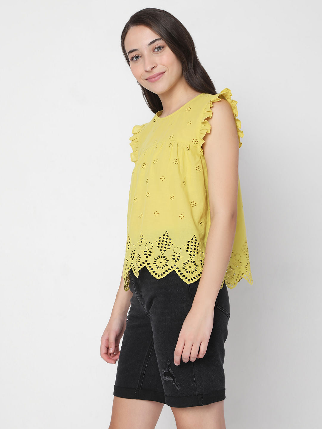 Yellow Schiffli Embroidered Top
