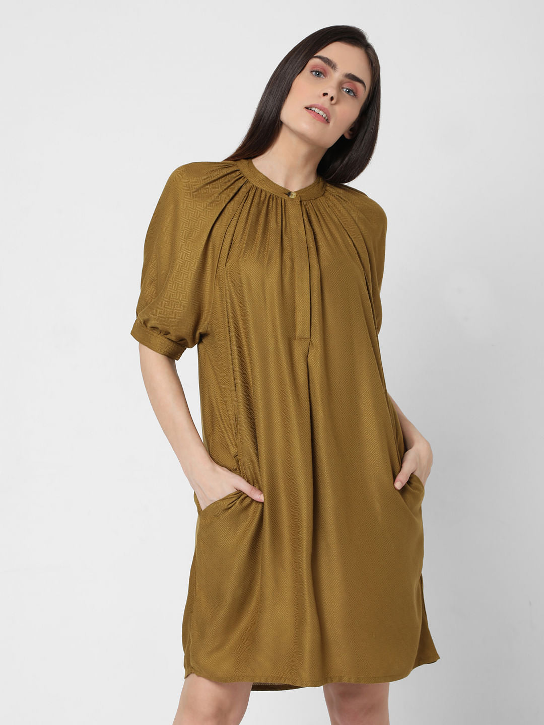 Ochre Puff Sleeves Shift Dress
