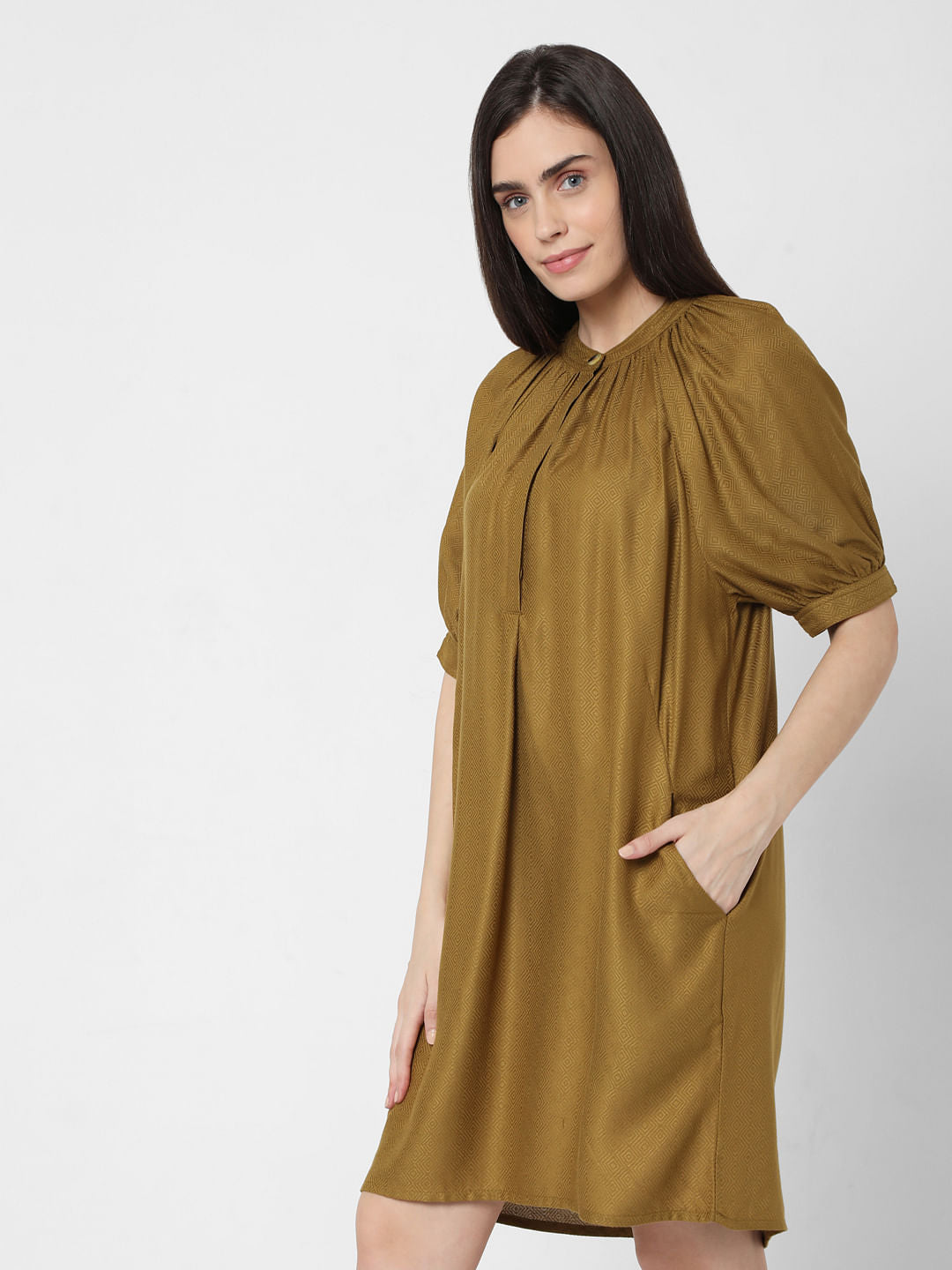 Ochre Puff Sleeves Shift Dress