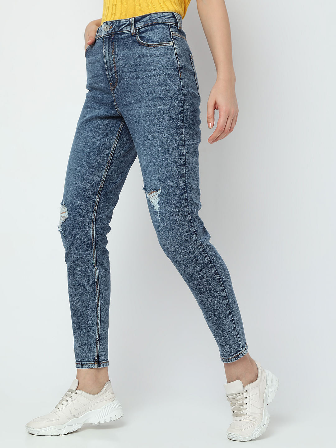 Blue High Rise Distressed Mom Fit Jeans